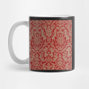 Beige on Red Weird Medieval Lions, Cherubs, and Skulls Scrollwork Damask Mug